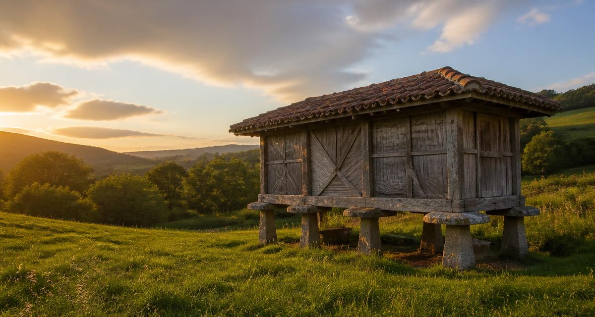 Paisaje de Asturias con hórreo tradicional